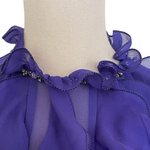 Purple Sheer Ruffled high neck blouse with rhinestone collar detail. Size M. - Picture 3 of 10